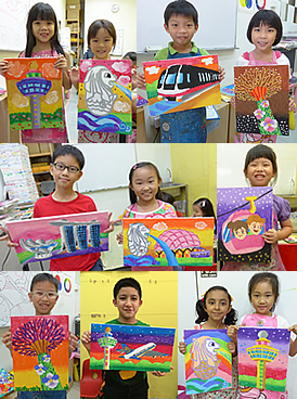 Kids birthday party ideas / Art jam for kids: kids with the printed canvases that they had painted.