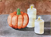 Halloween still life painting of pumpkin and candle by a kid in our Halloween events and activities for kids.